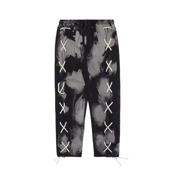

men's jeans bandage distressed tie dye men streetwear loose denim straight trousers hip hop harajuku casual cotton male wide leg pants, Blue
