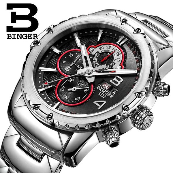 

wristwatches binger fashion chronograph sport mens watches military stainless steel strap quartz watch relogio masculino, Slivery;brown