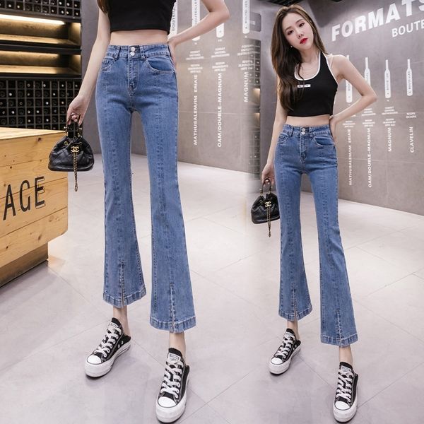 

women's jeans slim skinny jeans high waist 2021 new summer split flared pants, Blue