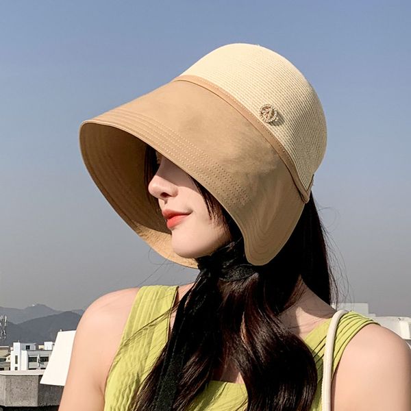 

straw female spring autumn summer bucket sun visor hat literature and art versatile fisherman korean basin hat tide, Blue;gray
