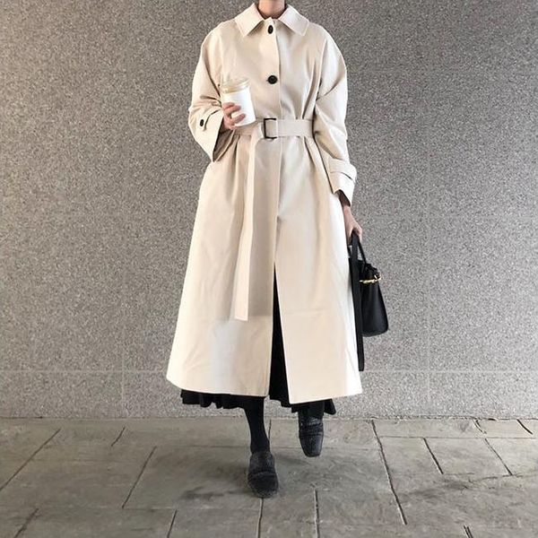 

women's trench coats 2021 spring autumn korean lapel single-breasted solid windbreaker retro adjustable waist button loose long coat, Tan;black