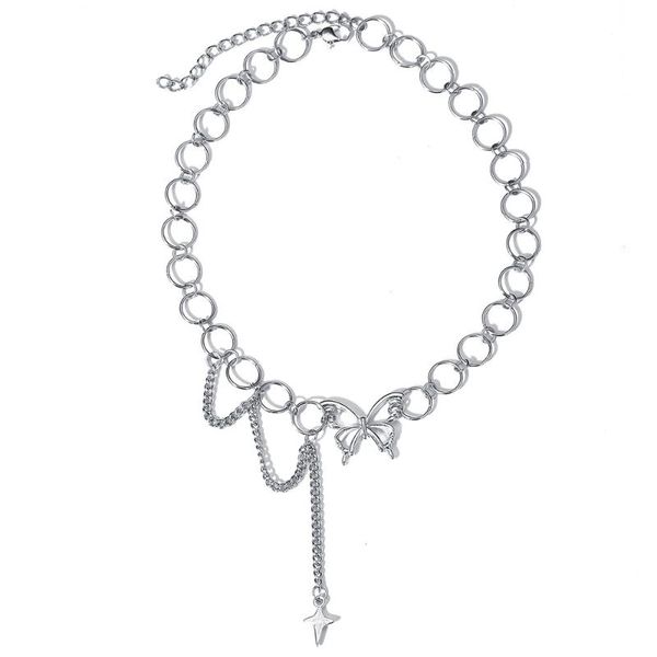 

pendant necklaces european and american star butterfly necklace female ins cold wind hiphop design temperament circle clavicle chain wholesa, Silver