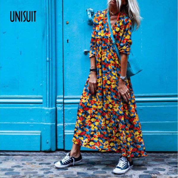 

party dresses 2021 spring autumn loose women dress vintage pattern printed long boho casual sleeve maxi lady vestidos, White;black