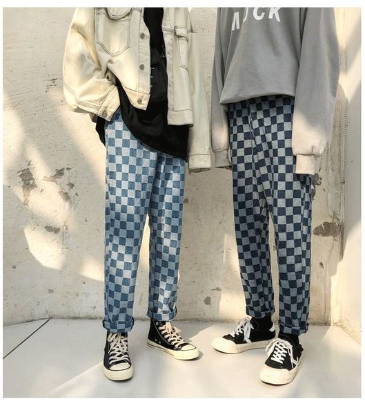 

women's jeans women men fashion casual denim pants checkerboard long straight plaid, Blue