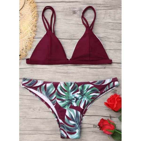 

women's swimwear women set bikini push-up print leaves padded swimsuit beachwear, White;black