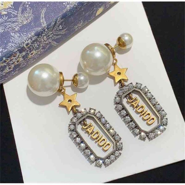 

70% off outlet online / 2021 classic pearl earrings female letter full diamond earrings silver needle anti allergy, Golden