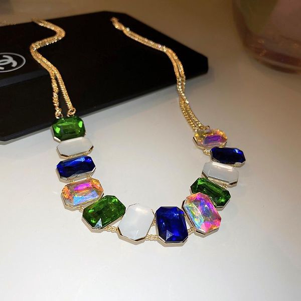 

chokers fyuan vintage square colorful crystal choker necklaces for women geometric golden chain statement jewelry, Golden;silver