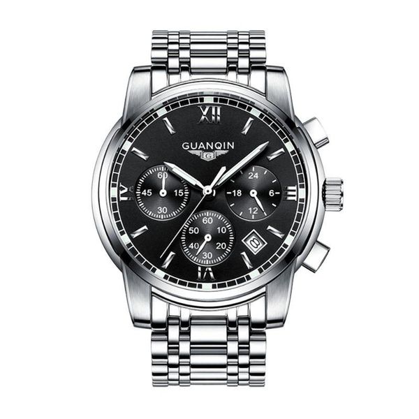 

wristwatches mens watches guanqin quartz watch men sapphir luminous clock male steel waterproof wristwatch relogio masculin, Slivery;brown