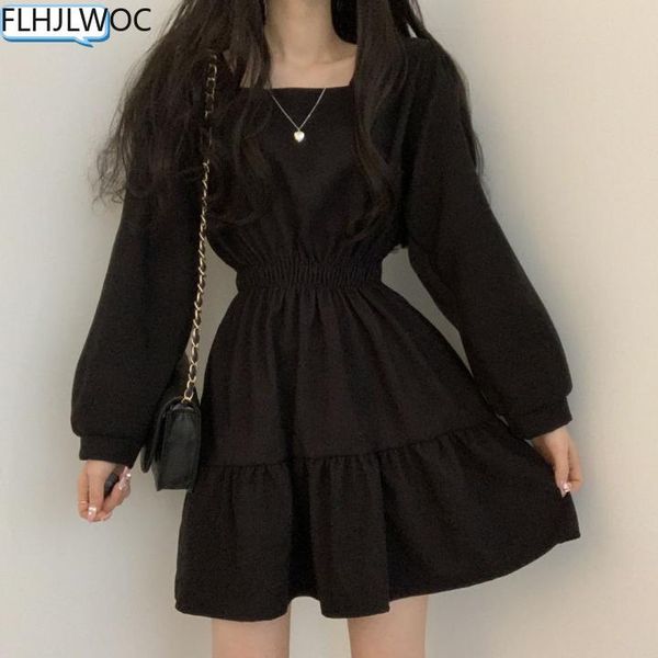 

casual dresses chic korea feminine vestidos red year s winter spring basic wear cotton blended a line little black dress, Black;gray