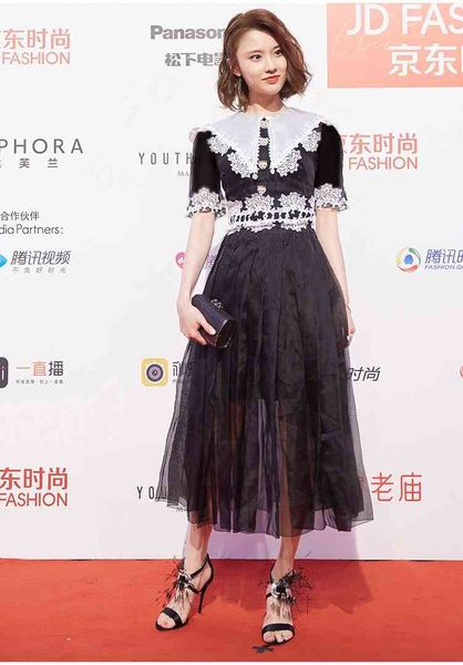 

a line crew black and white lace summer arrival fashion runway women party short sleeve patchwork embroidered, Black;gray