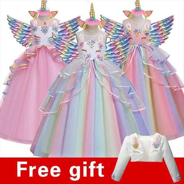 

flower girl unicorn rainbow wedding dresses party baby 3-14 years birthday colorful dance performance set, Red;yellow