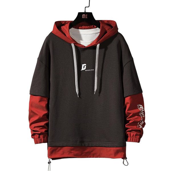 

latest design plus size 4xl men fashion printed patchwork fake two piece cotton pullover hoodie men's hoodies & sweatshirts, Black