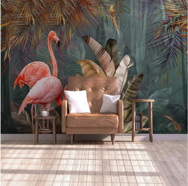 

po wallpaper tropical plant forest banana leaf flamingo wall murals wallpapers living room bedroom background home decor