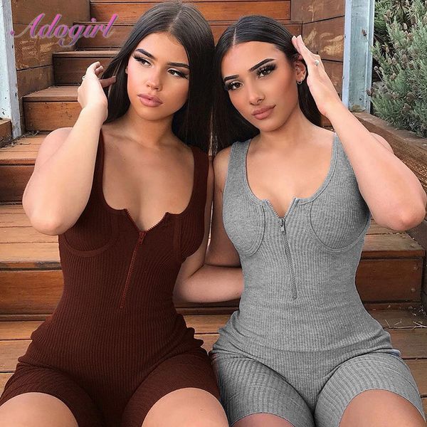 

fitness activewear ribbed knit zipper up v-neck sleeveless elastic playsuit women outfit workout sport jumpsuit overall playsuit, Black;white