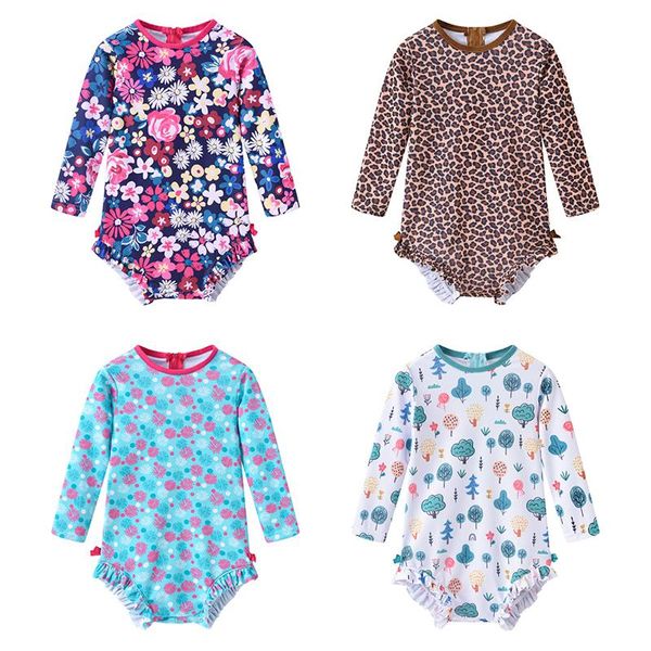 

baby swimwear summer infant girls one piece swimsuit fashion floral leopard beach wear cute ruffle long sleeve bathing clothes one-pieces, Black