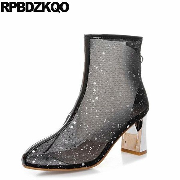 

boots bling shoes chunky metal heel short white mesh sequin fall sandals high ankle summer designer glitter black women