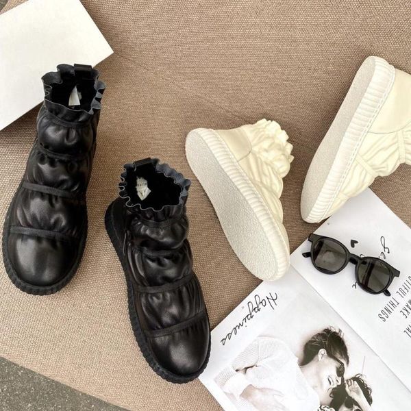 

boots shoes women winter ankle shearling genuine leather wool round toe slip on snow zapatos de mujer, Black