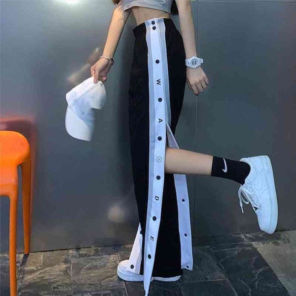 

summer breasted slit straight color matching stitching pants training sports trousersloose wide leg casual pants, Black;white