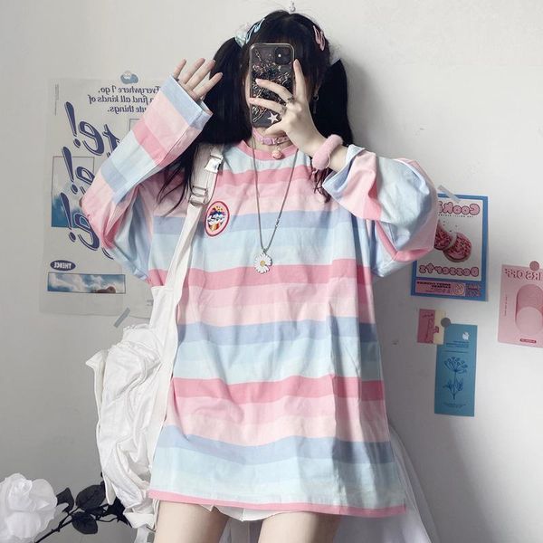 

women's t-shirts spring and autumn rainbow stripes thin loose long-sleeved traf harajuku fresh sweet t-shirt, White