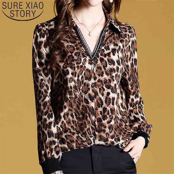 

korean fashion clothing women shirts long sleeve women's and blouses harajuku lace leopard v-neck 3122 50 210510, White