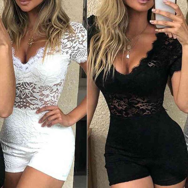 

style womens fashion bodysuit v neck short sleeve lace bodycon jumpsuit clubwear casual rompers womens jumpsuit, Black;white
