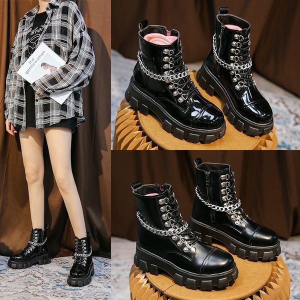 

women's shoes style boots british leather lace-up platform short women, Black