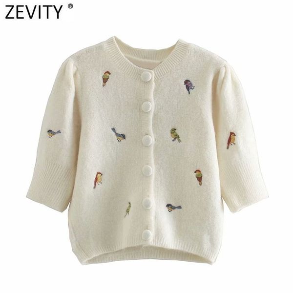 

women sweet birds embroidery short knitting sweater female pleats puff sleeve breasted cardigans chic s547 210416, White;black