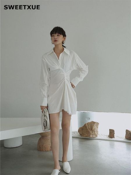 

casual dresses sweetxue 2021 office lady turn-down collar ladies long sleeve puff mini dress elegant party shirt tunic, Black;gray