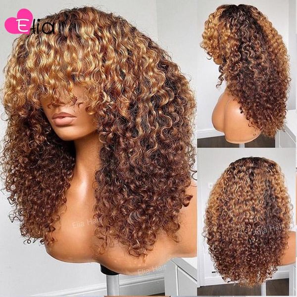 

lace wigs elia colored kinky curly human hair with bangs full machine made 100% brazilian remy for women 200%, Black;brown