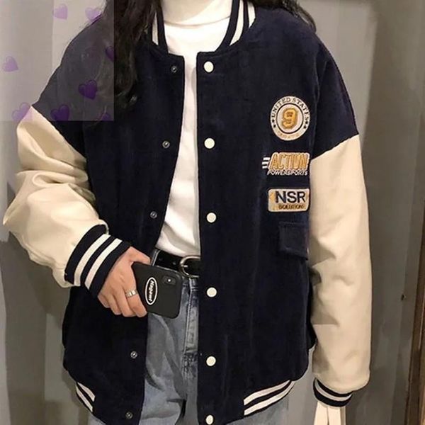 

women's jackets 2021 contrasting color stitching baseball uniform women couple students spring autumn retro jacket corduroy coat, Black;brown