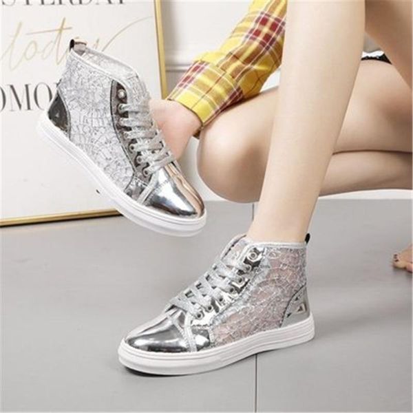 

boots spring summer silver gold mesh ankle female lace up flat bottom fashion women's sneakers round toe casual high shoes, Black