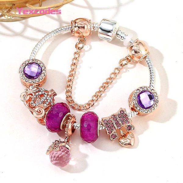 

charm bracelets silver plate pan brand bracelet butterfly crystal pendant purple stone beaded lady princess crown car, Golden;silver