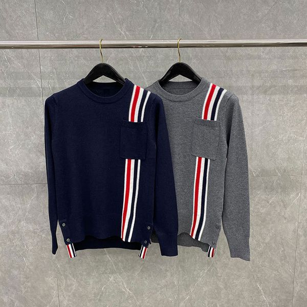 

autumn tb wool four bar color mosaic stripe couple round neck pullover loose casual sweater, White