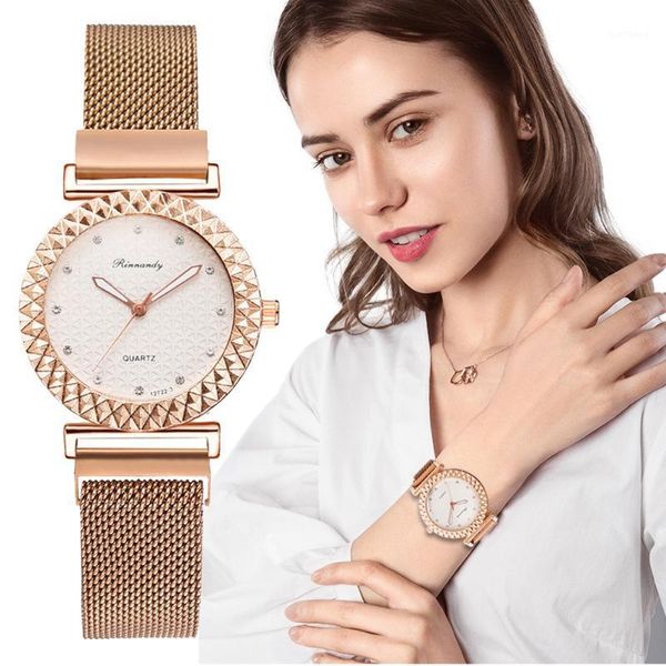 

wristwatches 2021 rose gold watches women gear design luxury fashion metal magnets strap ladies wristwatch quartz woman clock female watch, Slivery;brown