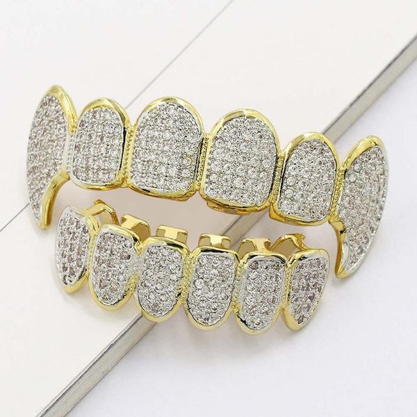 

hip hop grillz luxury zircon micro pave dental grills fashion men women 18k gold plated 2-piece set teeth brace, Black