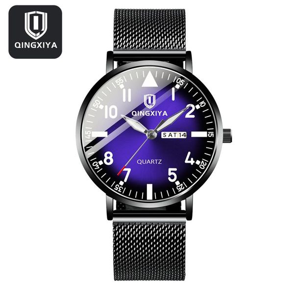 

wristwatches qingxiya fashion mens watches ultra thin stainless steel mesh belt quartz wrist watch men business luminous montre homme, Slivery;brown