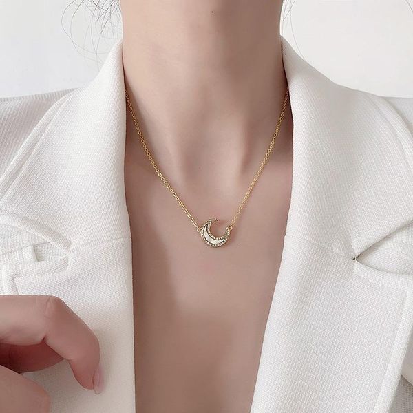 

pendant necklaces origin summer korean cubic zircon shell moon necklace for women unique design rhinestone party jewelry, Silver