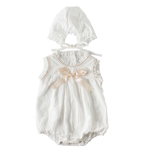 

summer bow cotton romper hat two-piece children's sleeveless jumpsuit baby clothing 210417, Blue