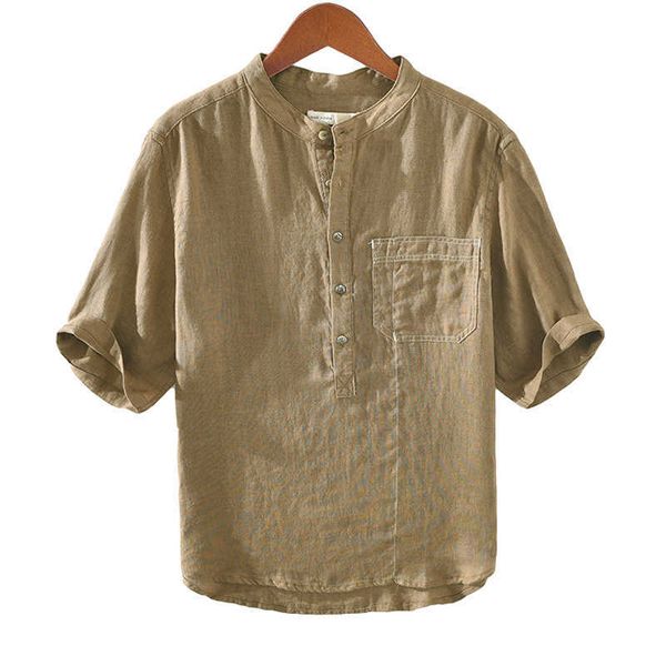 

pure linen short sleeve shirts for men casual fashion white stand collar male summer pullover clothing japanese fashion 210601, White;black