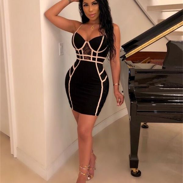 

women fashion patchwork bandage dress elegant designer mini night club party vestido 210527, Black;gray
