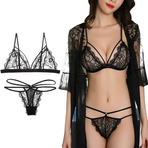 

bustiers & corsets 2pcs/lot female flower embroidery transparent bra thong women lingerie underwear porno set see-through lace, Black;white