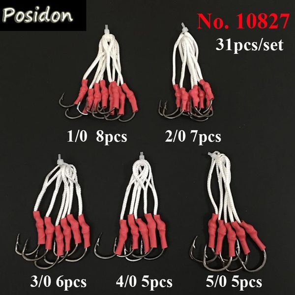 

posidon 31pcs/set 10827 1/0 2/0 3/0 4/0 5/0 stainless steel jig assist fish hooks jigging bait fishing hook with tube