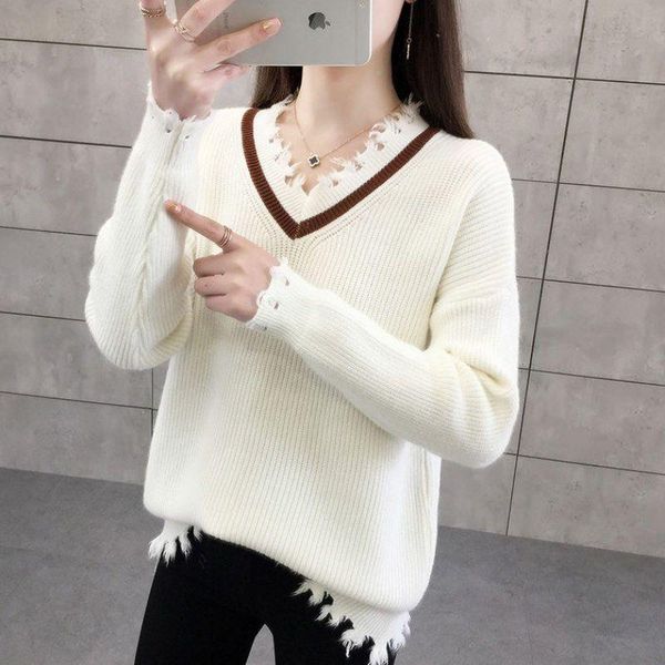 

women's sweaters 2021 autumn winter tassel knitted black white women fashion casual v-neck female pullovers korean lady jumpers y41, White;black