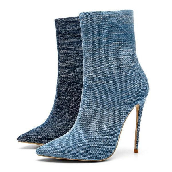 

boots blue jeans summer shoes ankle for women 34-46 denim high heels 12cm woman stiletto, Black