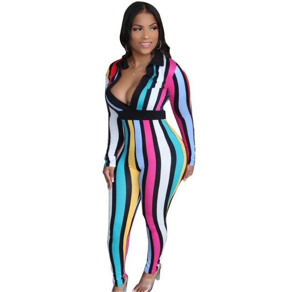 

women's jumpsuits & rompers summer deep v turn-down neck striped print skinny full sleeve sashes street club one piece outfits yw012, Black;white