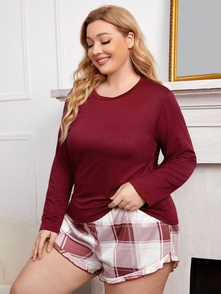 

plus solid tee & plaid shorts pj set u3sp#, Black;white