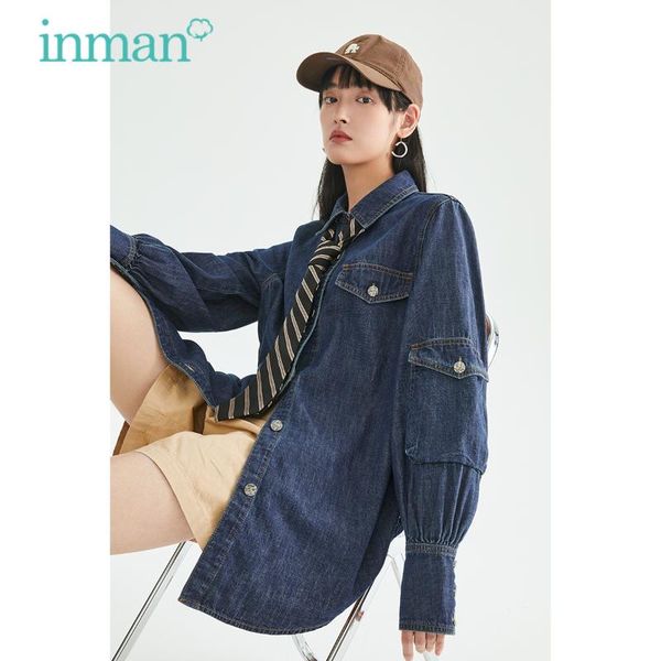 

women's blouses & shirts inman autumn winter denim blouse causal baggy fashion style unique design metal button pocket stiching vintage, White