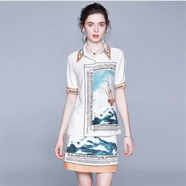 

nrj-6f-615-b-1328 runway sets summer women blouse + a-line skirts suit 2 piece set women 210706, White