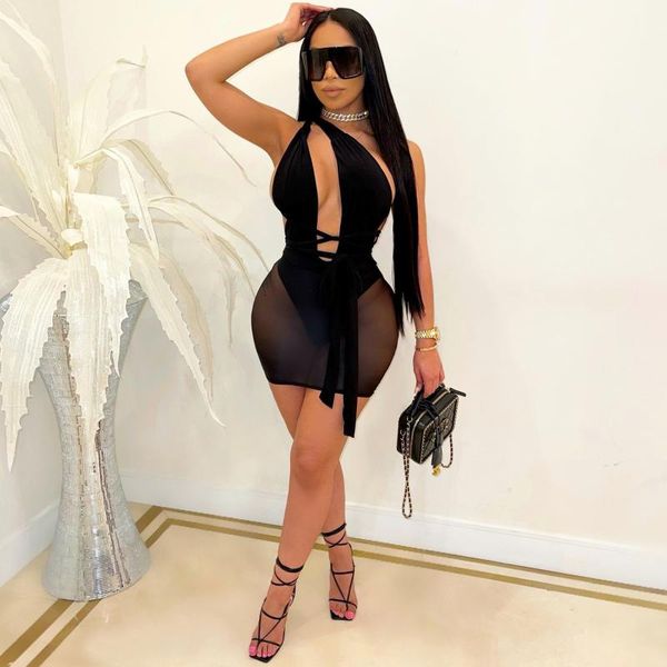 

casual dresses 2021 sleeveless hanging neck tight open back bandage high elastic night club perspective mesh dress mid waist miniskirt, Black;gray