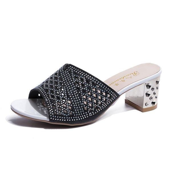 

woman sandals shoes slippers high heels thick 2021 summer style slides peep toe hollow slip on fashion crystal bohemia casual, Black